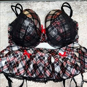 Cacique Black and Red Holiday plaid Bra and skirt